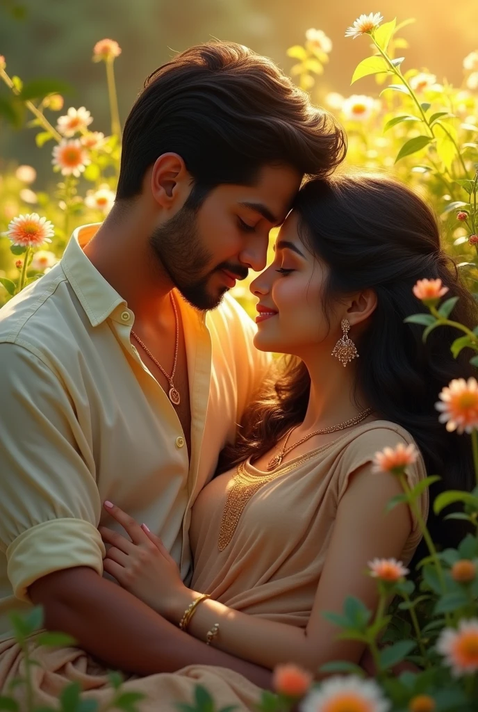 A beautiful Indian girl sleeping with her head on her boyfriend's lap with her boyfriend caressing her head in a beautiful setting