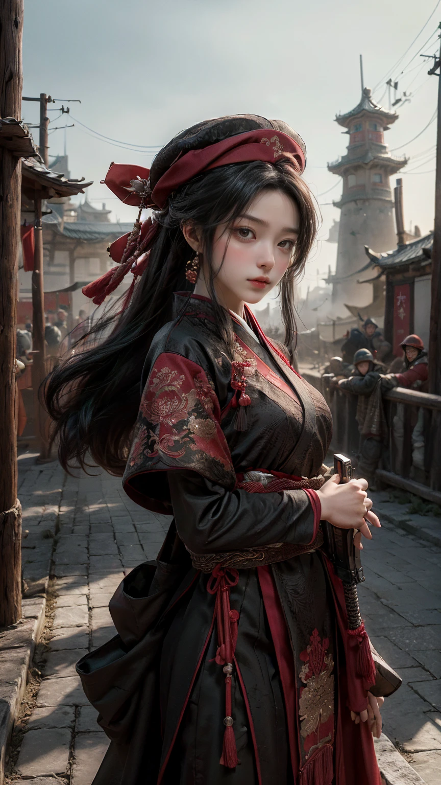 ((masterpiece, Top quality, high resolution, Reality, Raw, 8k wallpaper)), Hanfu female soldiers, Heroes of the Three Kingdoms, (hand holding gun), She has long black hair tied back, Wearing armor,Wearing a red official hat, Enemies all around,A burning city in the background,