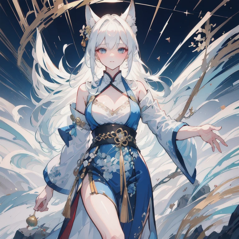 ((4K,masterpiece,Highest quality)), Shui Movissim, Chinese painting, Lotus, Hanfu, Maxi Kit, 1 conservatively dressed girl, alone, white hair, Long Hair, Fox Ears, white, bikini, fish, many fish close to the girl, Looking at the audience, teasing