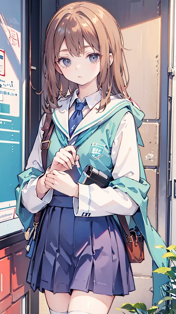 (masterpiece, best quality:1.2), Cowboy shooting, Solitary, 1 Girl, Charlotte Olin, Poker face, Shut up, Watching, Ascot, shawl, skirt, Blue knee-high socks