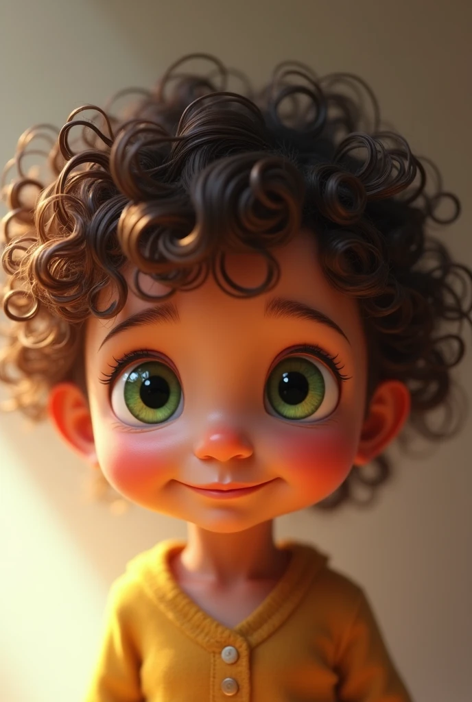 Curly-haired child, brown skin and green eyes human