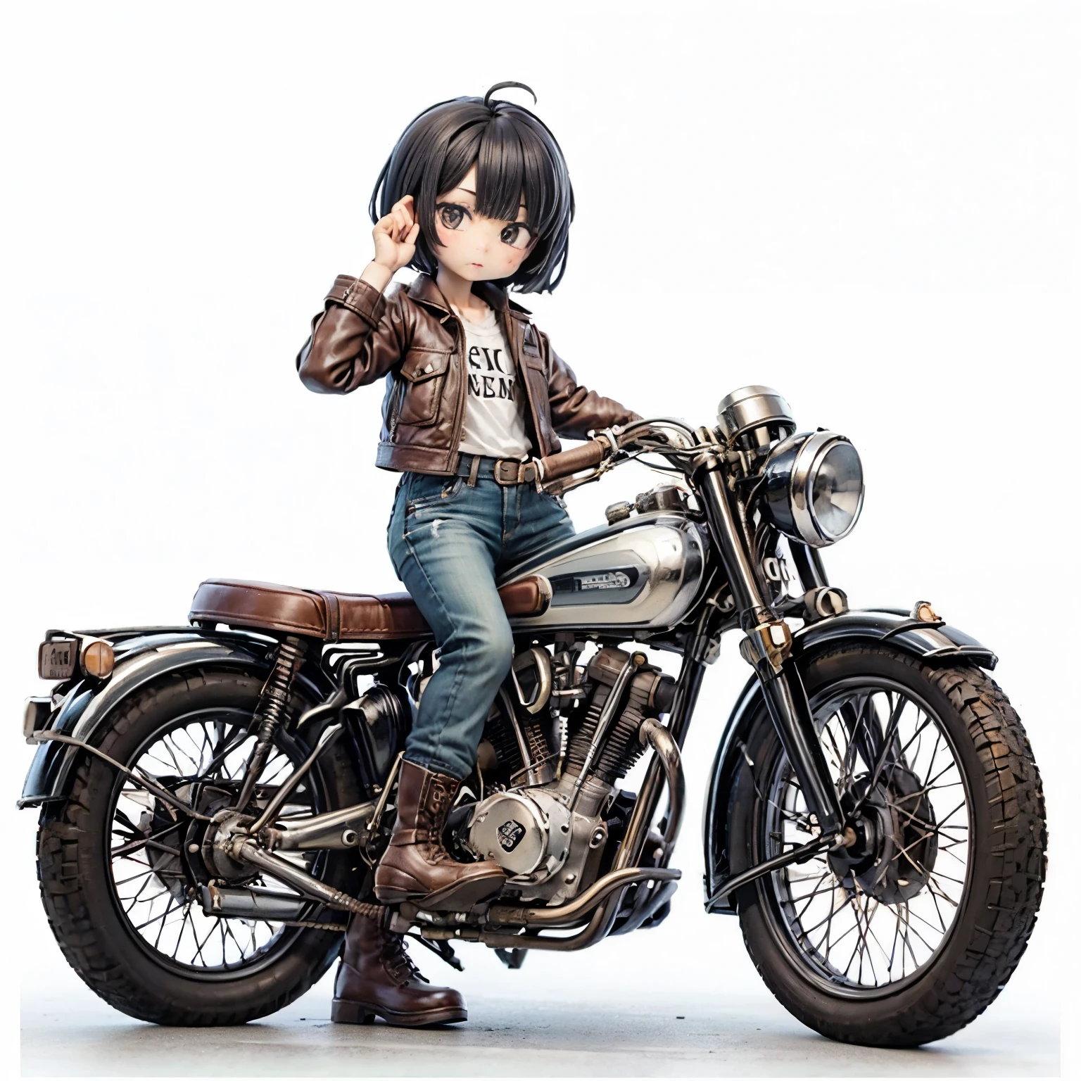 (磁器people形)、(陶磁器people形)、(Ride a classic motorcycle:1.2 )、(Vintage Bikes、Bluff Superior SS100)、美しい若い日本people女性、Beautiful Face, Black Hair, Short Bob Hair, Red classic leather jacket、leather shorts、boots、goggles、Take a photo of the entire bike、(people々々And the size balance of the motorcycle is our number one priority.:1.2)、Blur the background、((No background))、((White Background))、((Plain background))、((No logo))、(Highest quality、High resolution、masterpiece)、(3d)、4K、8k、wallpaper、