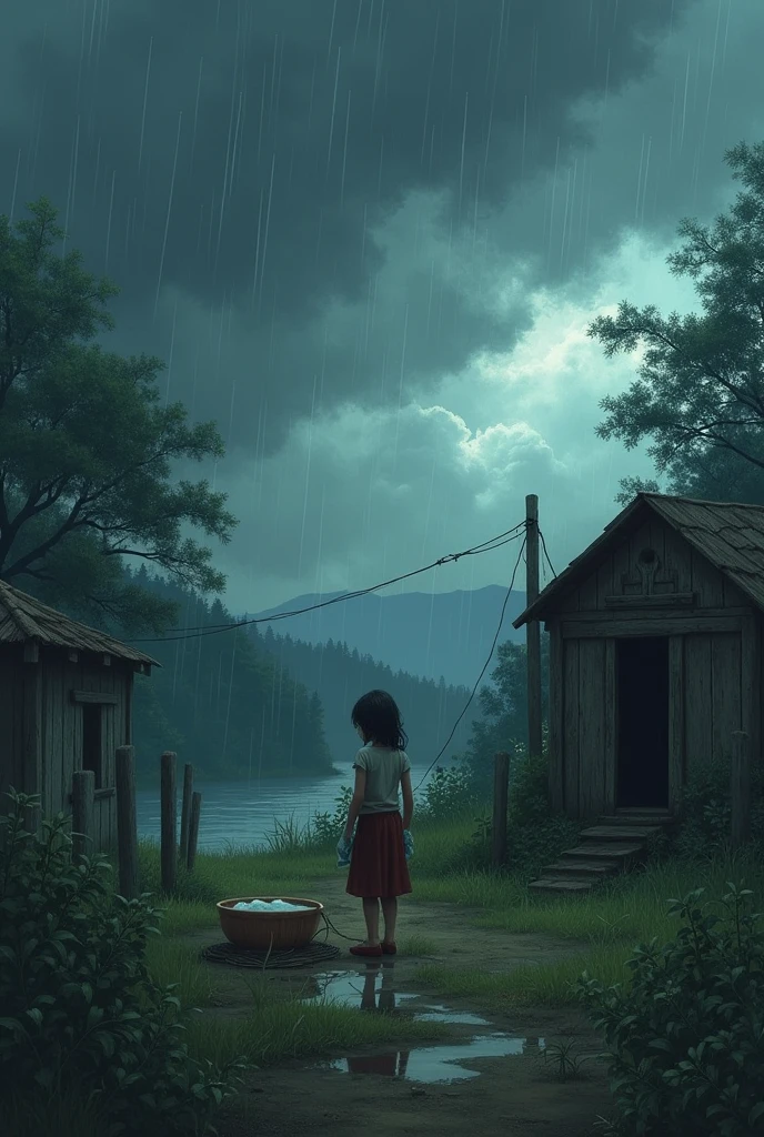 outof the full house around the house river trees air
girl face sadness washing the cloths at athe time hevy rain coming