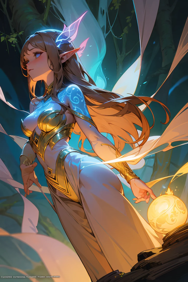 Create a DnD-inspired mystical woman with an ethereal appearance, who embodies nature and magic. She has light brown hair adorned with glowing flowers, and her skin features intricate, bioluminescent tattoos that resemble vines and leaves, glowing softly in the dim light. Her pointed ears are elegantly elongated, and she exudes an aura of serene, ancient wisdom. The setting is a dense, enchanted forest, where the light filters through the trees, casting a magical glow around her. The atmosphere is filled with the essence of nature, and she stands as its guardian, blending perfectly with her surroundings.