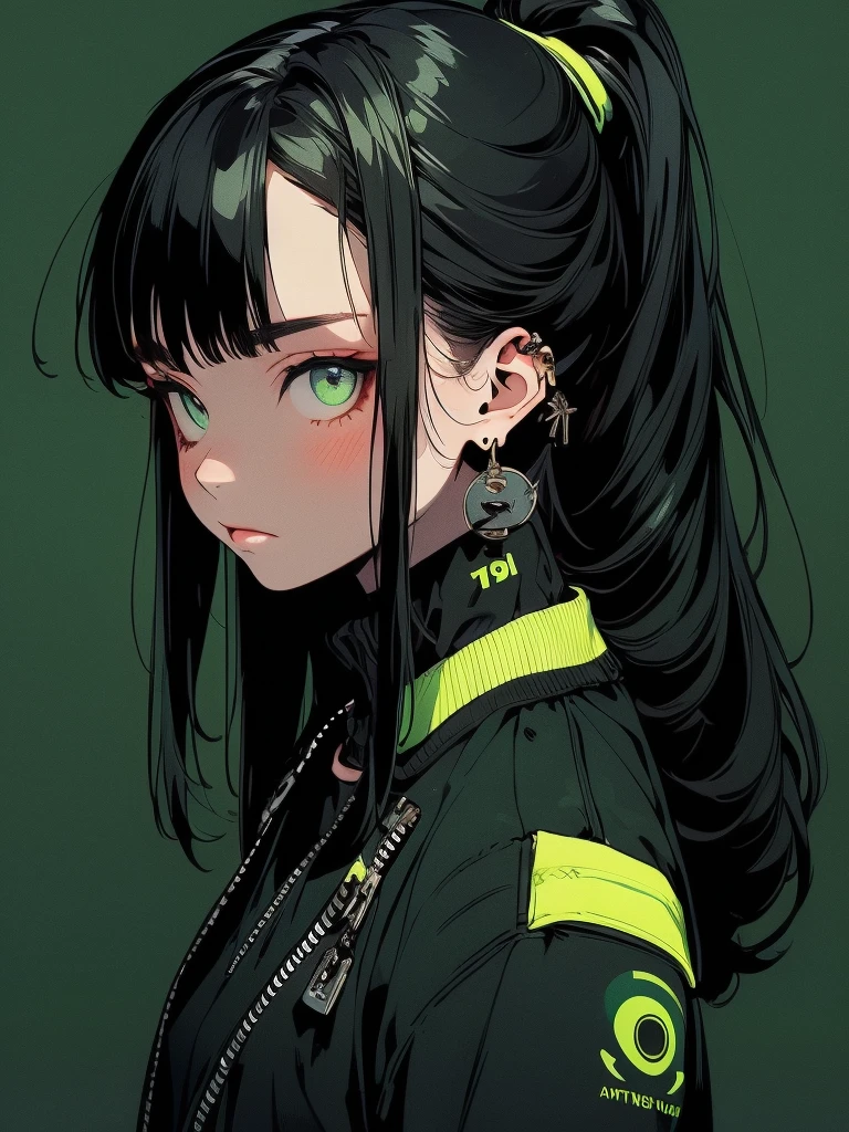 A young woman, aged 22, exuding a mature, serious, and mysterious aura. 165cm height, She has an oval face, she has long hair styled in a high ponytail, with long bangs that are parted either in the middle or to the side, framing her face elegantly. Her outfit is modern and hip-hop inspired, featuring a stylish jacket with green accents, over a cropped top and baggy pants. The ensemble is completed with sleek sneakers, giving her a dynamic yet poised look. Her expression is sharp and focused, with an underlying elegance. The background showcases a futuristic cityscape. The overall style is realistic, with high-quality rendering and extremely detailed hair and clothing textures.