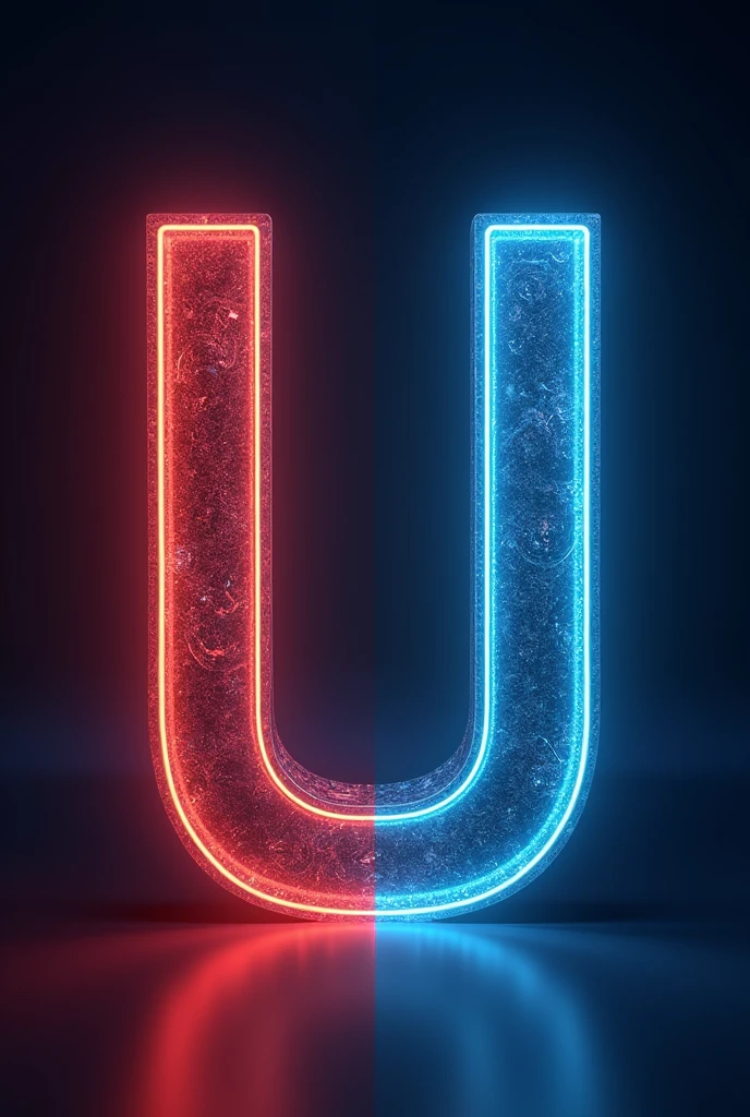 A unique style of bold letter "U" In a 3d format is divided into two parts, one part is filled with business management, and other is filled with hotel management, the background and border of the "U" Letter is filled with red and blue neon effect. 