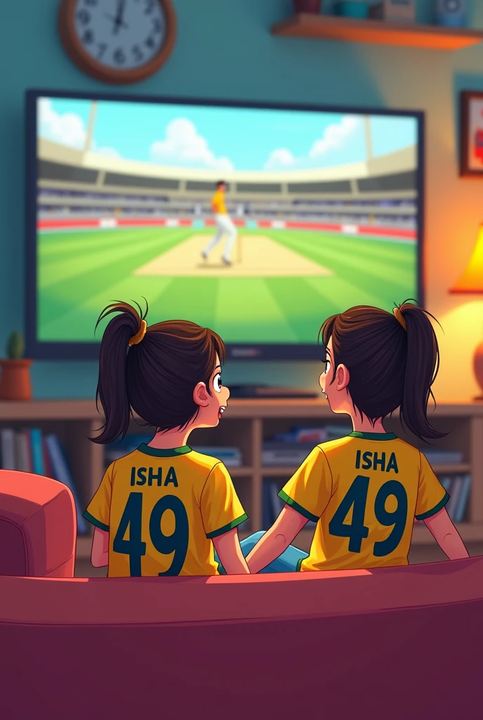 A ager girl watching Australian cricket match in the hall room and wearing Australian jersey with name "ISHA" and number "49" girl sits aside of sofa. like a cartoon  