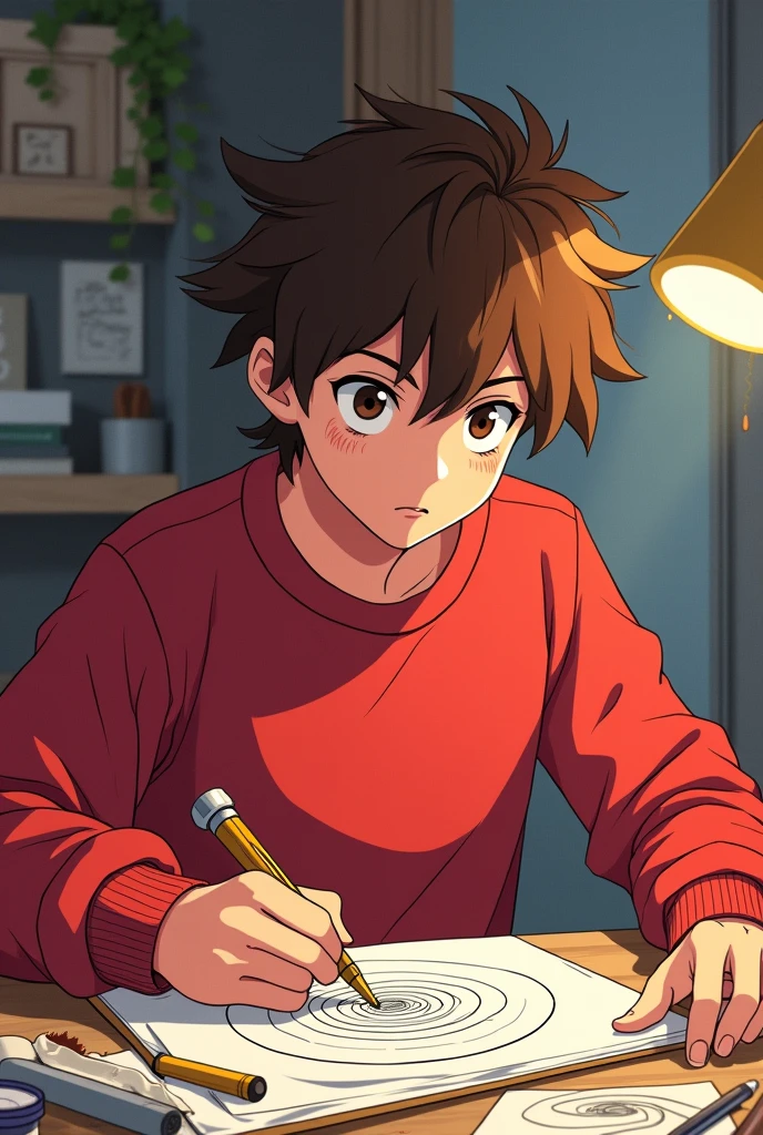 scene: Inspired by the words of Vitruvius, Leonardo a brown-haired ager with a red sweatshirt, begins to experiment with geometry in his own art. In the cartoon, Leonardo is seen drawing spirals and using the compass to create proportions., all this with a style of boku no hero academia like izuku