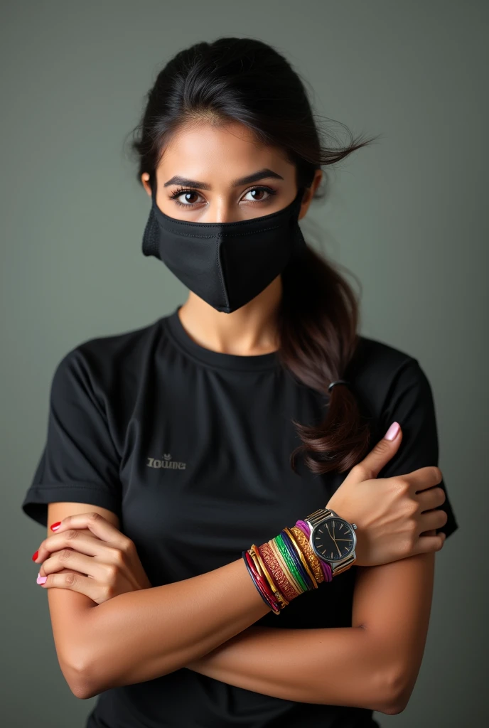 A beautiful indian woman cook wear black mask in his face and watch in left hand and bangles in two hand with black t-shirt cooking logo 