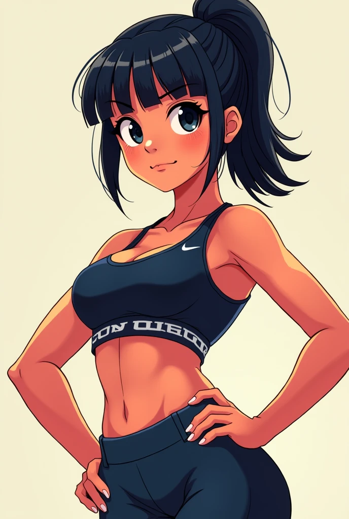 I am Peruvian with short black hair with bangs and big black eyes , make my anime And I always have my hair combed in a ponytail and I'm a gym rat make full image