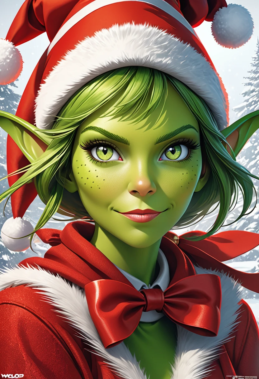 Anthropomorphic female Grinch Grasshopper. Official Art – Character Profiles. An award-winning 4K UHD digital masterpiece, Extreme details and complex reality. Symmetrical face. These concept arts were created by artists such as Wlop，Lifelike & Stunning 2D vector illustrations by Artgerm.The background is a panoramic view.Christmas
