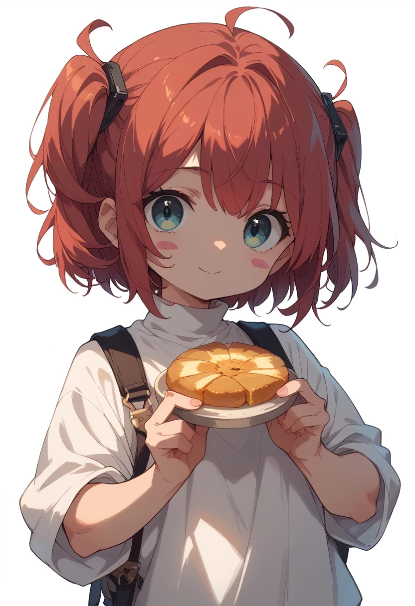 best qualityer, work of art, kyrielight purée, standing alone, 1 girl, eyes black, white turtleneck shirt, (chibi: 0.6), light red hair, sticker, emoticons, cute, white background, ((making food))