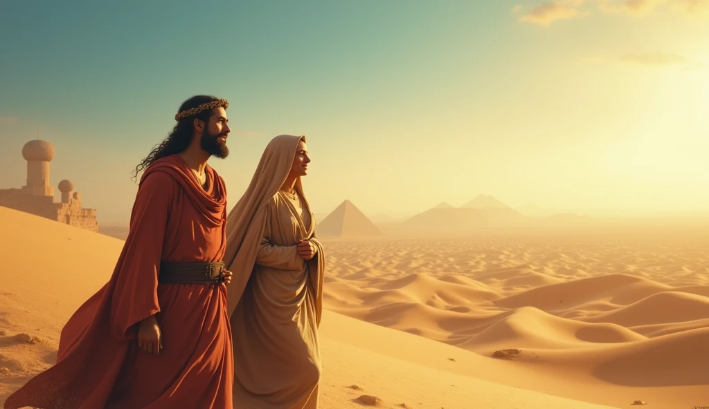 Abraham and Sarah leaving Egypt, expressions of relief, desert stretching ahead, blue sky symbolizing hope and new beginnings