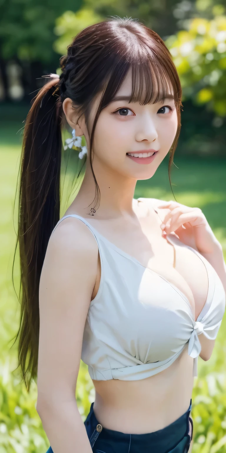 masterpiece、Highest quality, Ultra-high resolution、8k,photograph、1 girl, (Skin dents), (Large Breasts:1.5), bright, Blurred Background, (Flower Hair Ornaments,Braided top knot,Twisted Side Part Ponytail Braided Headband,Half Up、Braided Space Van,Voluminous fishtail braid,Twisted pan),(Asymmetrical bangs)、(Loose fitting blouse)、(Loose chest)、(Sunburn marks on chest)、(Deep cleavage)、(soft, drooping udder)、(The best smile that makes people happy)、(Her big, round, upturned eyes are super cute)、grassland、Spring Sky、Soft sunlight