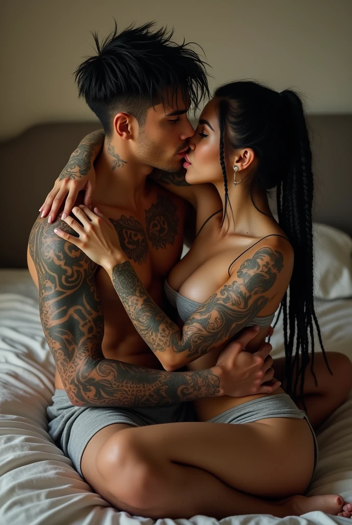 long shot full view 2 people 1 woman sitting on man's legs hugging him and biting neck on a bed,attractive man short hair shaved on the sides black with white highlights disheveled ,gray-green eyes, seductive look, full lips ,strong, piercing,tattoos, dressed in pajama pants barefoot , delicate and beautiful woman with black hair and dreadlocks, Cuban features,green eyes,marked chin,eyelashes, full lips, tattooed skin, underwear