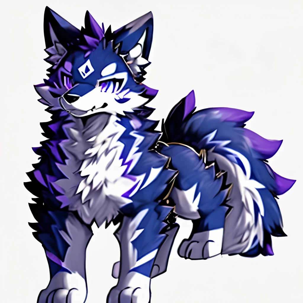 A base sheet model of a black and white furry kemono wolf with purple accents, blue snout, purples eyes.
