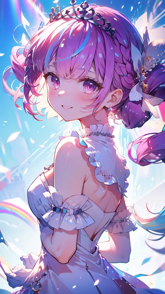 (Highest quality:1.2), (Very detailed:1.2),(masterpiece:1.2),(8k:1.2),(Blessed,Captivating body、Very beautiful eyes、Very detailed肌、Very detailed顔,Detailed Background), ffaqua, twintails, drill hair, tiara, white dress, white gloves,(summer background,Blue Sky background,rainbow:1.3),(The best smile:1.2)、 (portrait ,looking back:1.2), ,take a mike,on idol stage,singing,