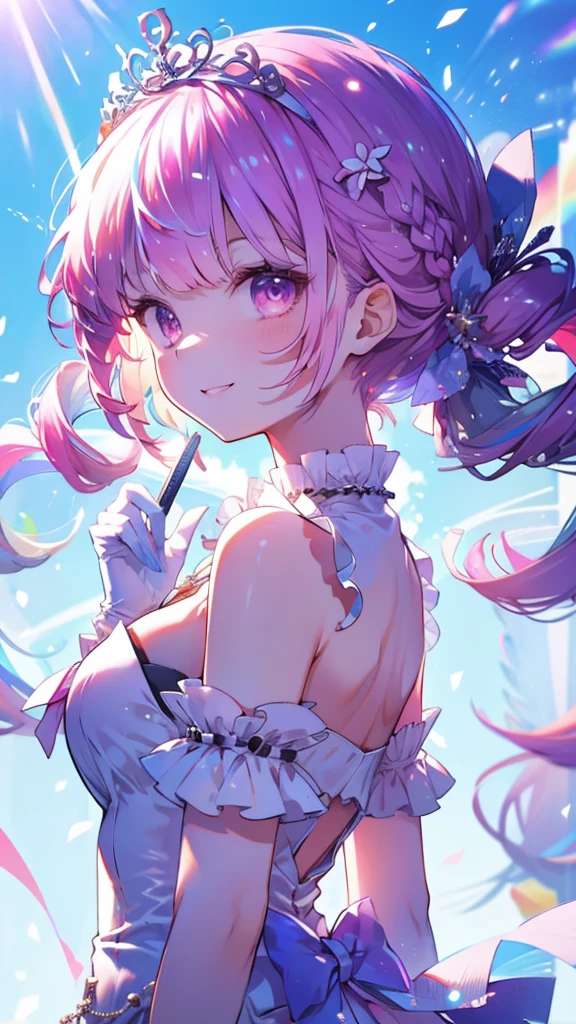 (Highest quality:1.2), (Very detailed:1.2),(masterpiece:1.2),(8k:1.2),(Blessed,Captivating body、Very beautiful eyes、Very detailed肌、Very detailed顔,Detailed Background), ffaqua, twintails, drill hair, tiara, white dress, white gloves,(summer background,Blue Sky background,rainbow:1.3),(The best smile:1.2)、 (portrait ,looking back:1.2), ,take a mike,on idol stage,singing,