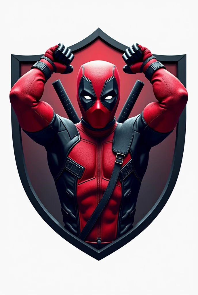 Design a logo that features an ultra-realistic representation of a Deadpool-like character, with victorious hands of triumph. The character must be integrated into a shield-shaped emblem. The design should be detailed and realistic, capturing the character's iconic costume and his playful yet triumphant expression.