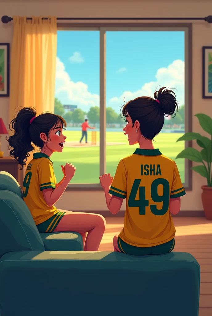 A ager girl watching Australian cricket match in the hall room and wearing Australian jersey with name "ISHA" and number "49" girl sits aside of sofa. like a cartoon