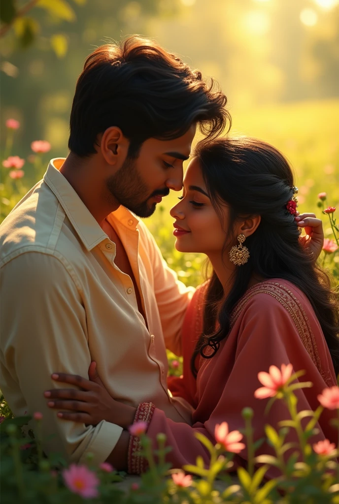 A beautiful Indian girl sleeping with her head on her boyfriend's lap with her boyfriend caressing her head in a beautiful setting