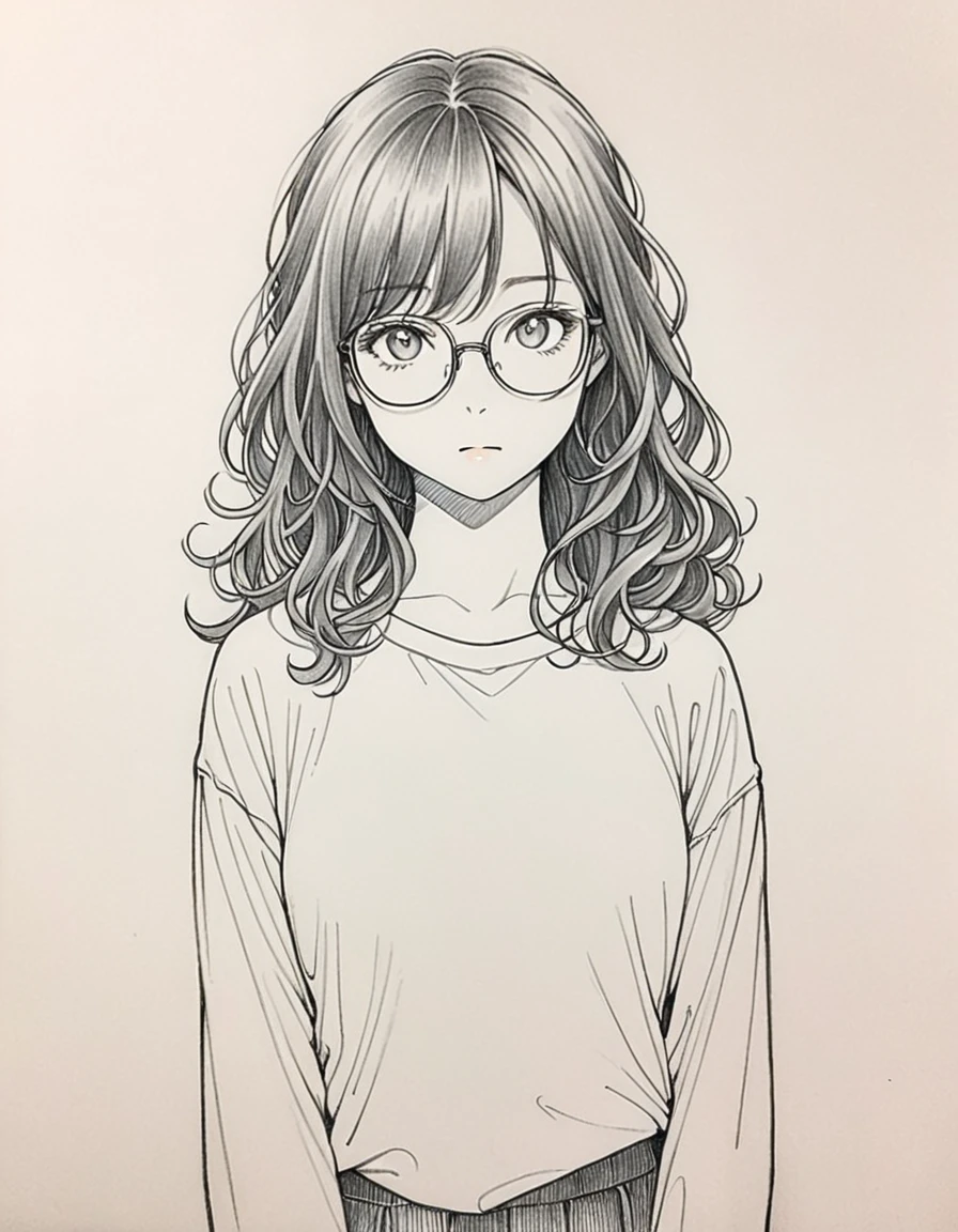 1 female, 30 years old, alone, thin, thin, Small breasts!!!, Loose Curly Hair, Bedhead, amount, thin, thin, (((Glasses))), Long sleeve T-shirt, Skinny skirt, Are standing, art, Black and White, line art, Colored pencil drawing, draft, White Background, Portraiture