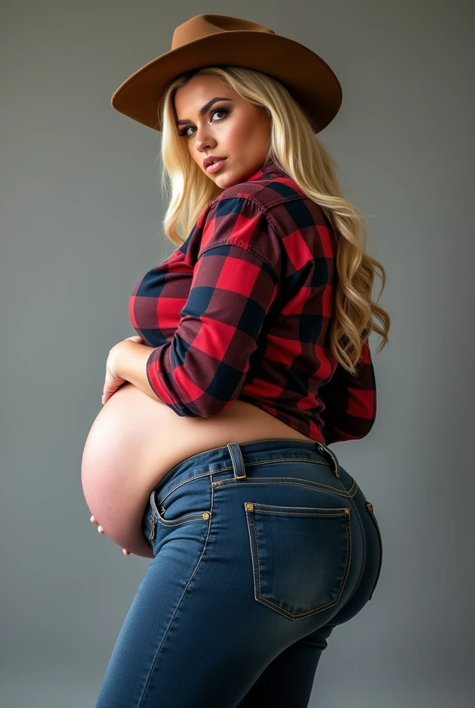 Plump pregnant blonde, thick hips, huge fat juicy butt, huge pregnant belly, wearing tight jeans a fright flannel shirt and cowgirl hat, biting bottom lip, light makeup bent over, backside view