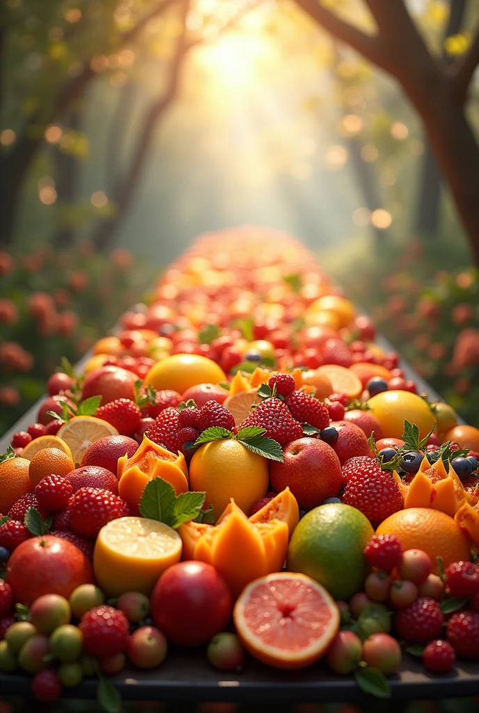 Heaven dinning table full by different types of fruits 