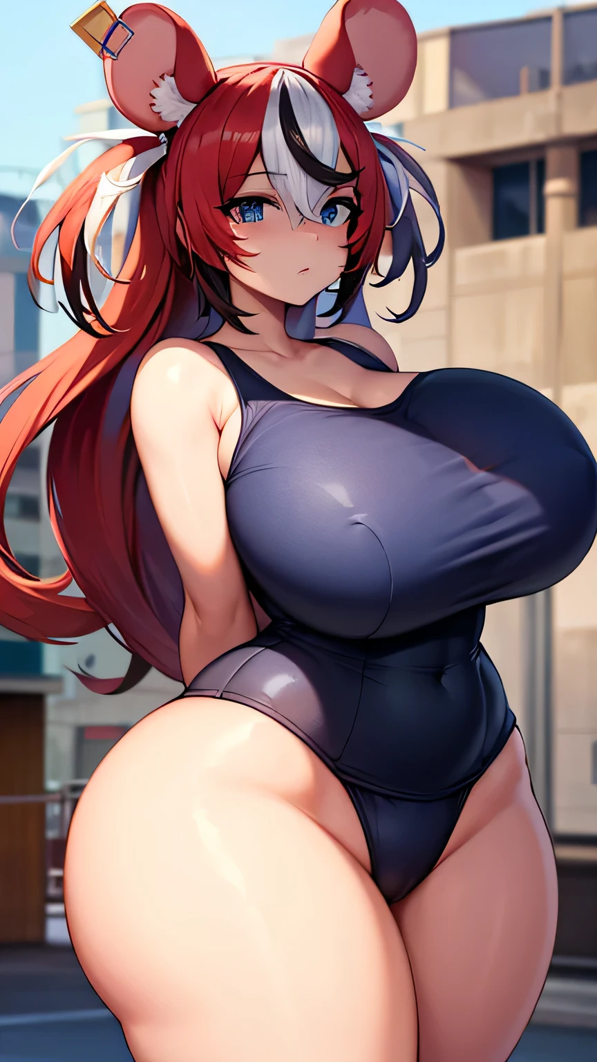 Masterpiece, best quality, high res, expressive eyes, perfect face, beautiful eyes, gigantic breasts, curvy, wide hips , thick thighs,hakos,city, school swimsuit 