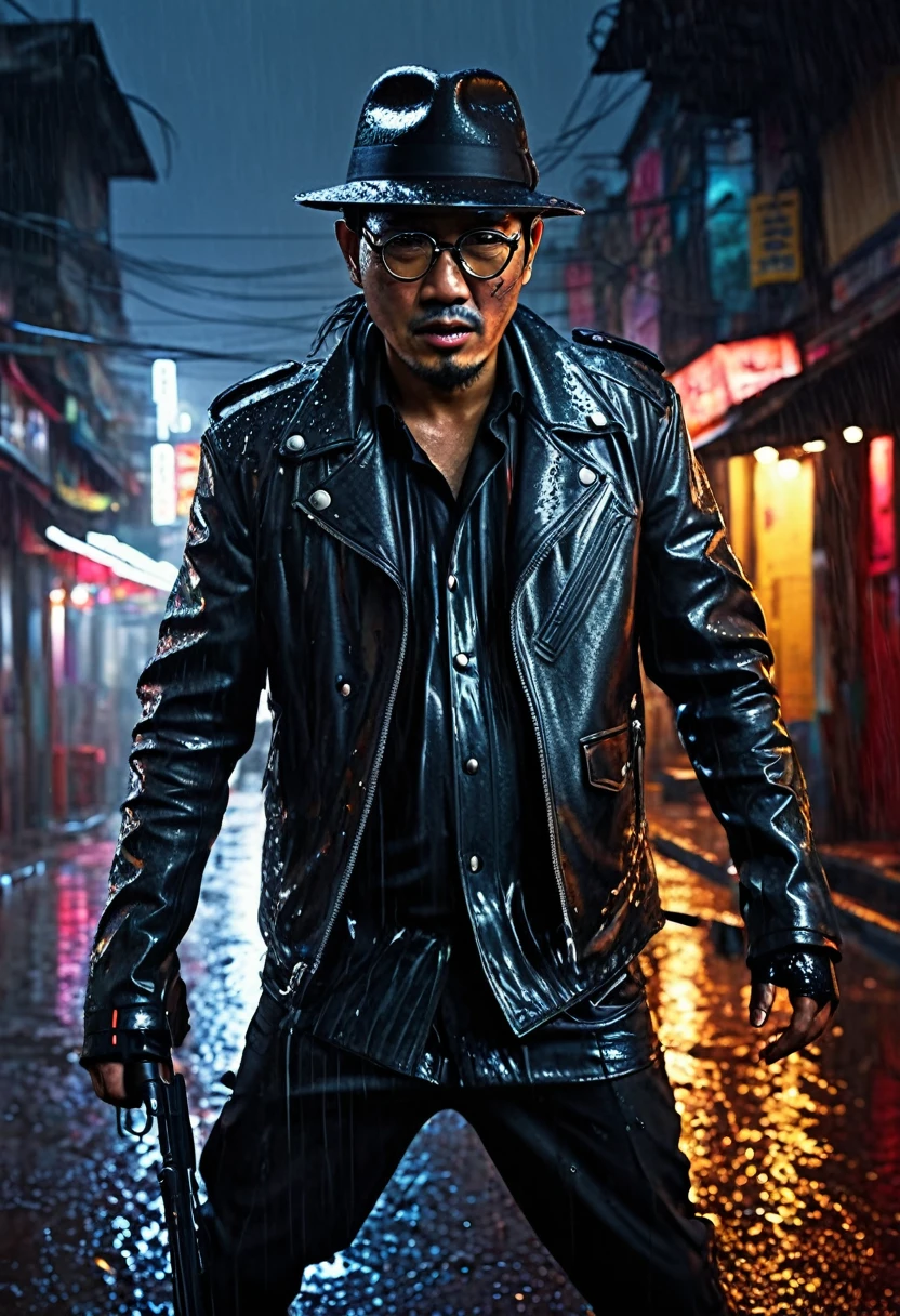 4d realistic of tough Indonesian man 45 yo, thick frame Glasses, full body, bloody injured, rushing a final blow, man in a black leather jacket, black gangster felt hat, black business suit, part of a dragon tattoo visible on his neck, mean expression, rainy Yogyakarta night, (best quality,4k,8k,highres,masterpiece:1.2),ultra-detailed,(realistic,photorealistic,photo-realistic:1.37), standing in fighting pose, chiaroscuro lighting, dramatic cinematic lighting, hyper realistic, highly detailed face, extremely detailed eyes and face, long eyelashes, sharp focus, vivid colors, dark moody atmosphere, neon lights, rain effects, gritty urban environment, cyberpunk, neo-noir, concept art, digital painting