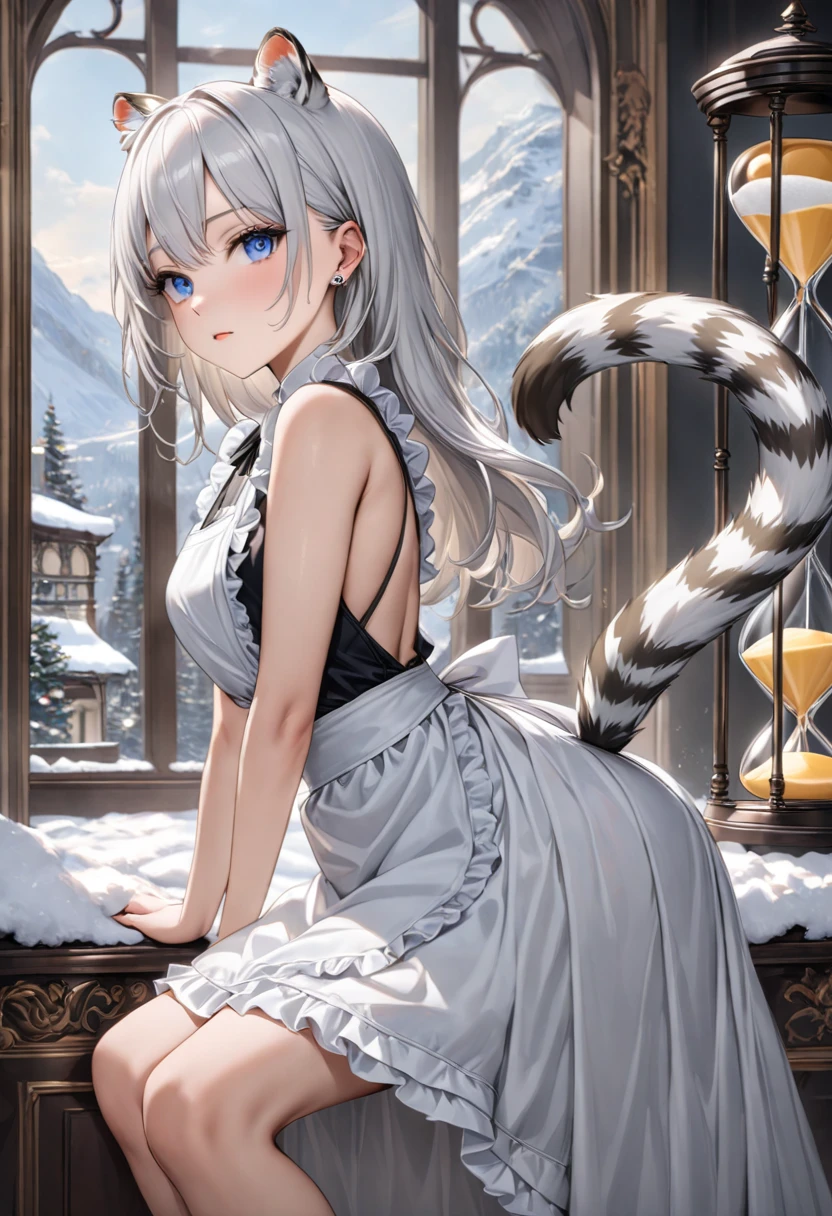 highest quality, ultra high resolution, super detailed, gorgeous, masterpiece, best quality, high resolution finely detailed, extremely beautiful, distinct image, hourglass figure, 1 girl, 2, (front-view), (side-view), soft and beautiful facial features, symmetrical face, simple sleeveless black frilly dress that clings tightly to her body, white waist apron, piercing blue eyes, innocent doe shaped eyes, well endowed breasts, tall height(190cm), slim and slender curvy body, athletic and flexible physiques, flowing snow-white hair, narrow waist, long legs, opulent bedroom background, snow-white skin, hip-level shot, snow-white feline tiger ears, white striped tiger tail protruding out her back, front-view,