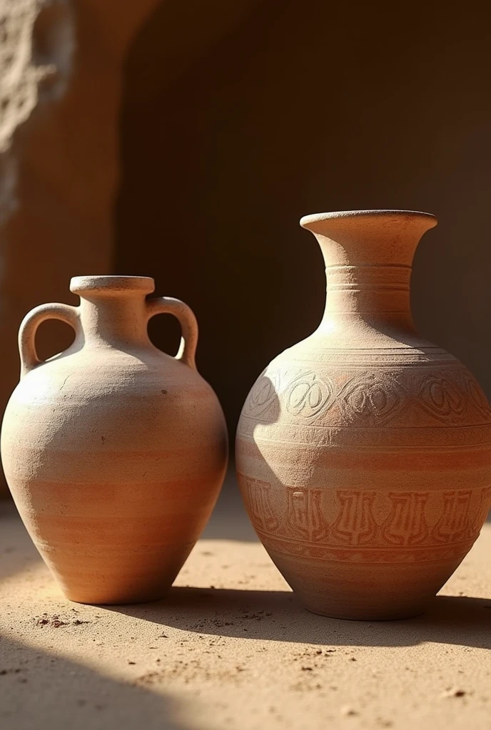 detailed intricate realistic neolithic pottery, highly detailed modern neolithic pottery, two ancient and modern neolithic pottery side by side, ancient neolithic pottery meticulously recreated with modern techniques, comparison of neolithic era and modern technology, (best quality,8k,highres,masterpiece:1.2),ultra-detailed,(realistic,photorealistic,photo-realistic:1.37),cinematic lighting,award winning photography,minimalist,earthy tones,natural textures