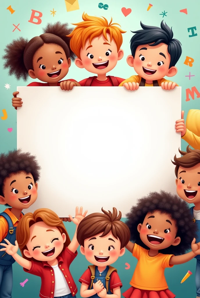 Create a cute and creative English vocabulary book cover for kids featuring several boys and girls holding a blank sign