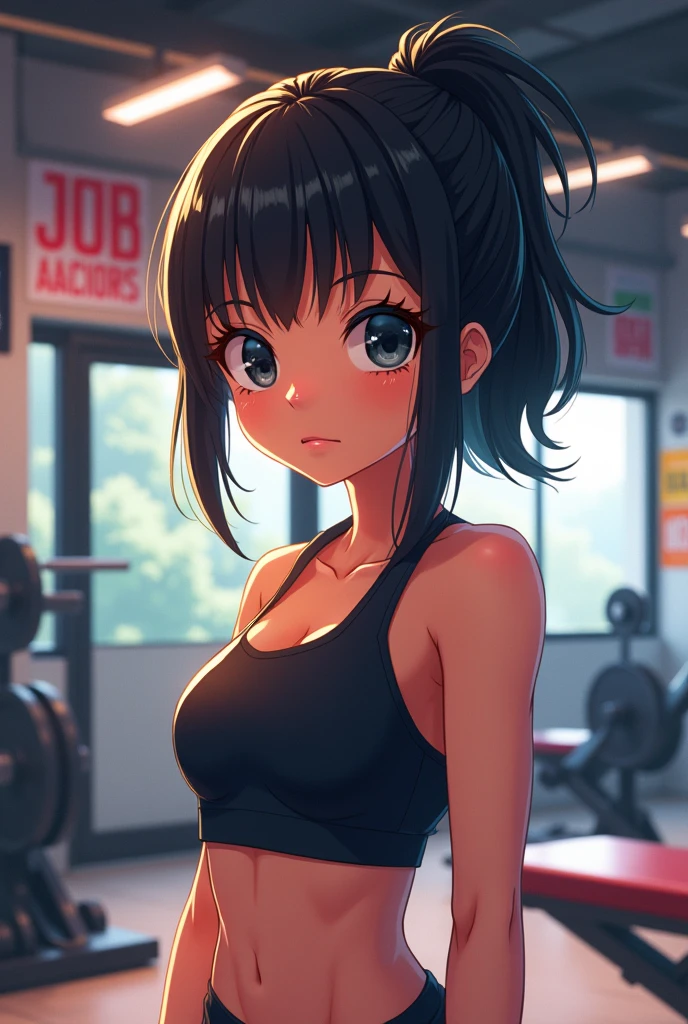 I am Peruvian with short black hair with bangs and big black eyes , make my anime And I'm always with my hair combed in a ponytail and I'm a gym rat make full image of gym background