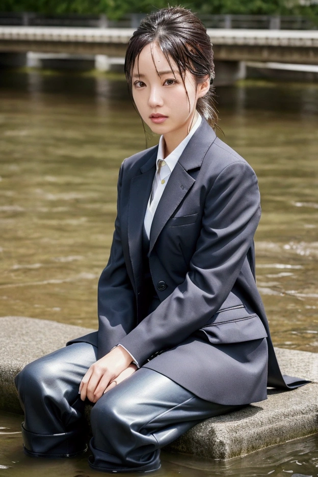 highly detailed photo of a Japanese woman, business suits and Dr. Martens ankle boots, no makeup, sitting in the river, wet cloths, wrinkled skin, not looking at viewer, masterpiece, ultra realistic