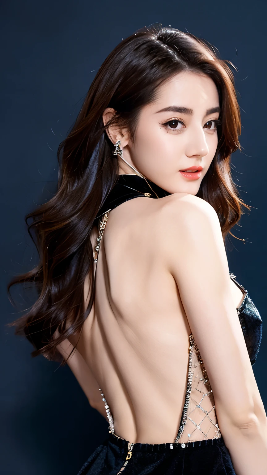 Ultra HD resolution,artistic photos,Photography,21year girl,earrings,long hair,Black background,Black backless dress,necklace,cowboy shot,H cup,Showing cleavage,Expose more breasts,Amazing breast size,Erect nipples,Expose the areola,Bigger breasts,Smooth and beautiful back,Completely bare back,Cold white skin,Big buttocks,Messy hair,Messy hair,Ruddy face,Suspender dress