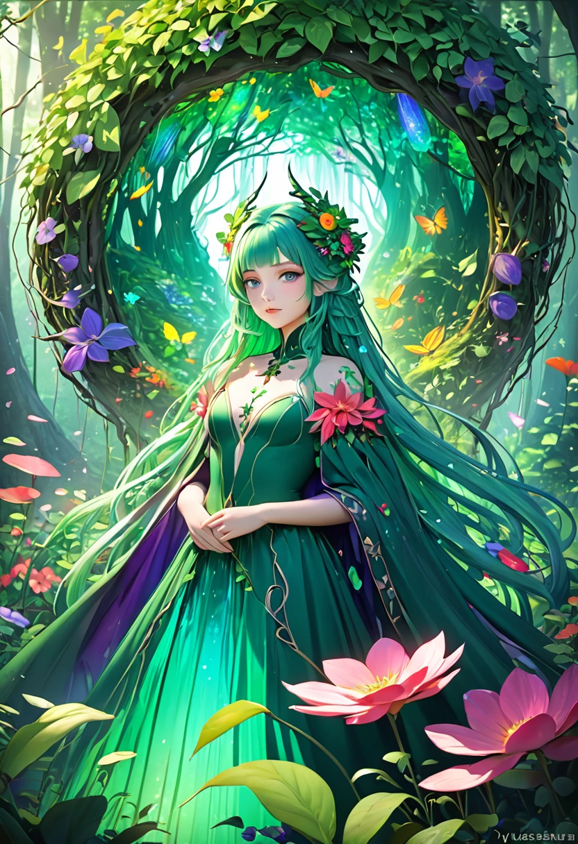 8K Ultra HD, highly detailed, we are transported to a mystical forest where the enigmatic beautiful Nature Witch resides, At the center of the painting stands the beautiful Nature Witch, a striking figure of ethereal beauty, Her presence is an embodiment of the very essence of nature itself, She has flowing, emerald-green hair that appears to be woven from the very vines and leaves that surround her, Her eyes, as deep as the forest itself, radiate a gentle wisdom and connection to all living things, The beautiful witch is adorned in a gown made of living flowers and leaves, as if she herself is a part of the forest, The gown shimmers with a soft, iridescent glow, reminiscent of morning dew on petals, luminism, 3d render, by yukisakura, awesome full color

