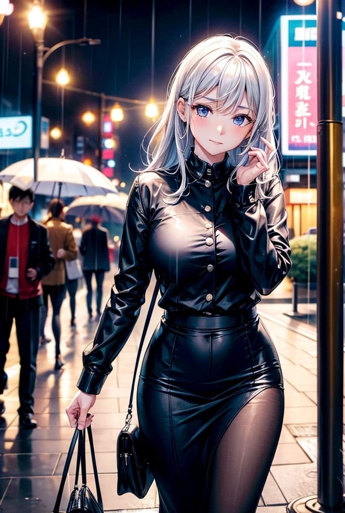 A flashy man pulls a plain woman by the chin、A woman with a shy and confused expression、Rainy night、City of night