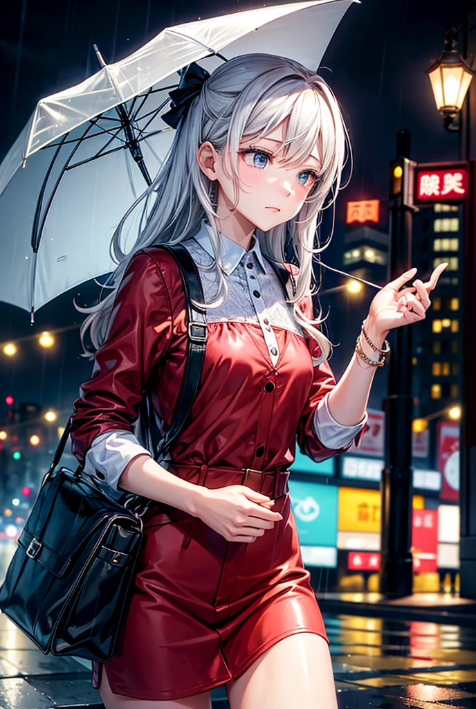 A flashy man pulls a plain woman by the chin、A woman with a shy and confused expression、Rainy night、City of night