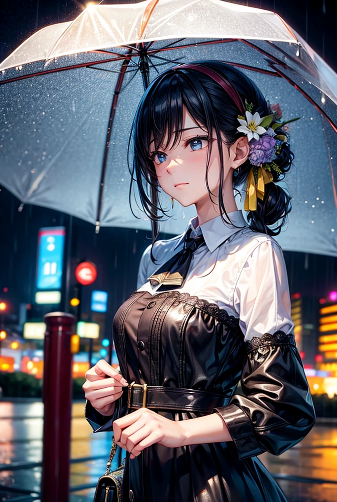 A flashy man pulls a plain woman by the chin、A woman with a shy and confused expression、Rainy night、City of night