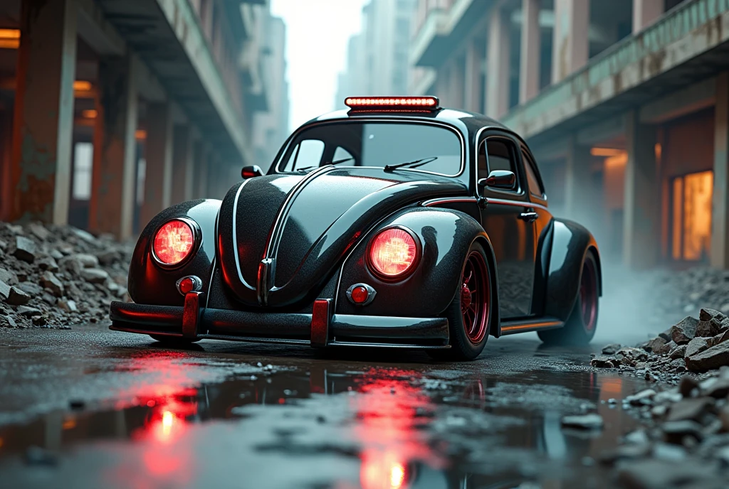 ((best quality,4k,highres,masterpiece:1.2)),race muscle car "new beetle",ruins,sci-fi,futuristic, cinematic lighting, chiaroscuro,ray tracing,highly detailed, high-quality, mirai, color contrast, atmospheric, dystopian, urban, vibrant colors, shattered glass, dramatic shadows, decaying buildings, futuristic technology, dynamic composition, motion blur, urban decay, dynamic perspective, immersive atmosphere, post-apocalyptic, abandoned, reflections, moody, intense, mystery, advanced design, sleek lines, (powerful engine, speed, danger, adrenaline rush), ((((more detail, high detailed, enhaced-themed_urban))))