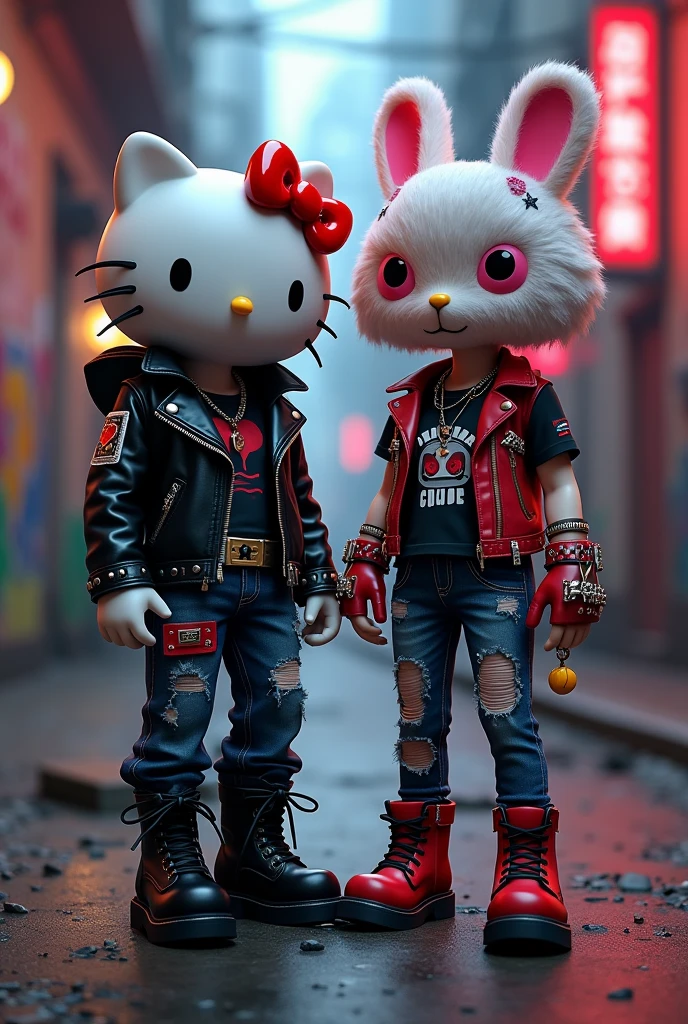 Create an image of Hello Kitty and Cinnamoroll wearing rock clothes