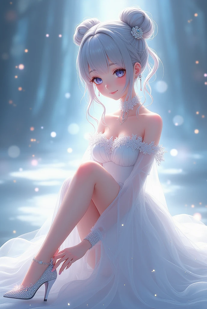 A very beautiful anime style girl super ultra HD 8k high quality resolution "Create a visually stunning and ethereal fantasy character in a delicate, flowing white gown adorned with shimmering jewels and delicate lace. Her silver hair is styled in an elegant updo with small, glowing ornaments woven into it, and she gracefully adjusts a sparkling, crystal-encrusted shoe. The atmosphere around her is soft and luminous, with a subtle, mystical glow that emphasizes her delicate features and the intr