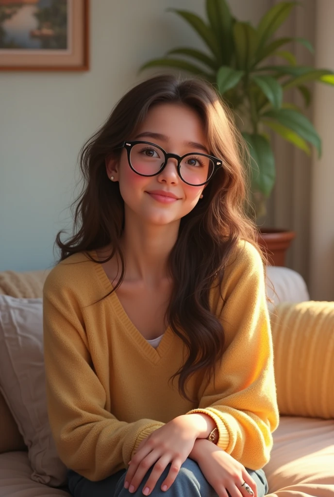 Normal family background girl with long wavy hair with glasses