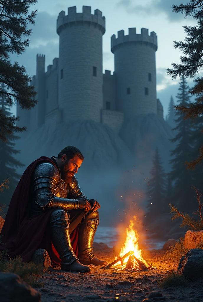 Knight resting on the bonfire with a castle in the background
