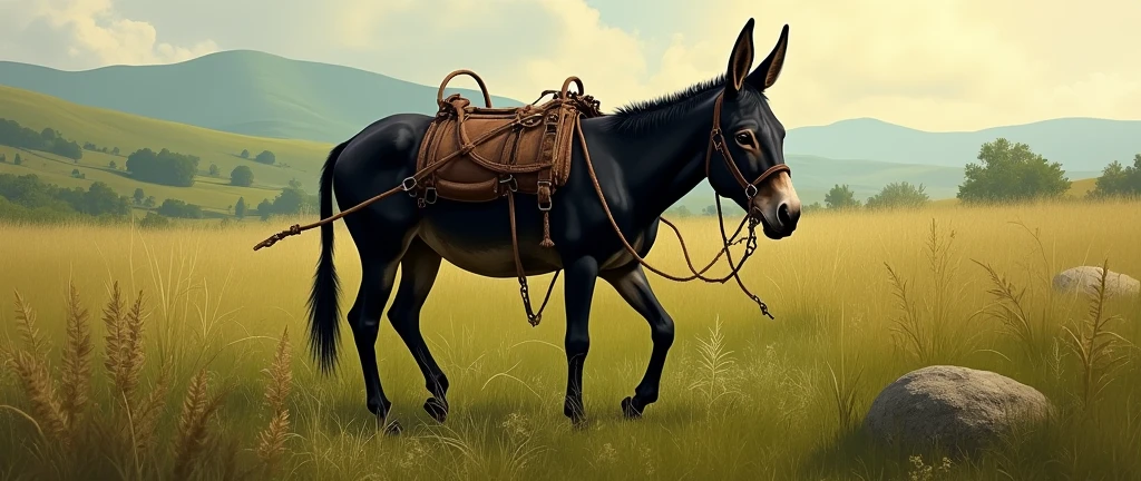 Black donkey with horsesollar and whip scars walkin in a field in cuba 19th century