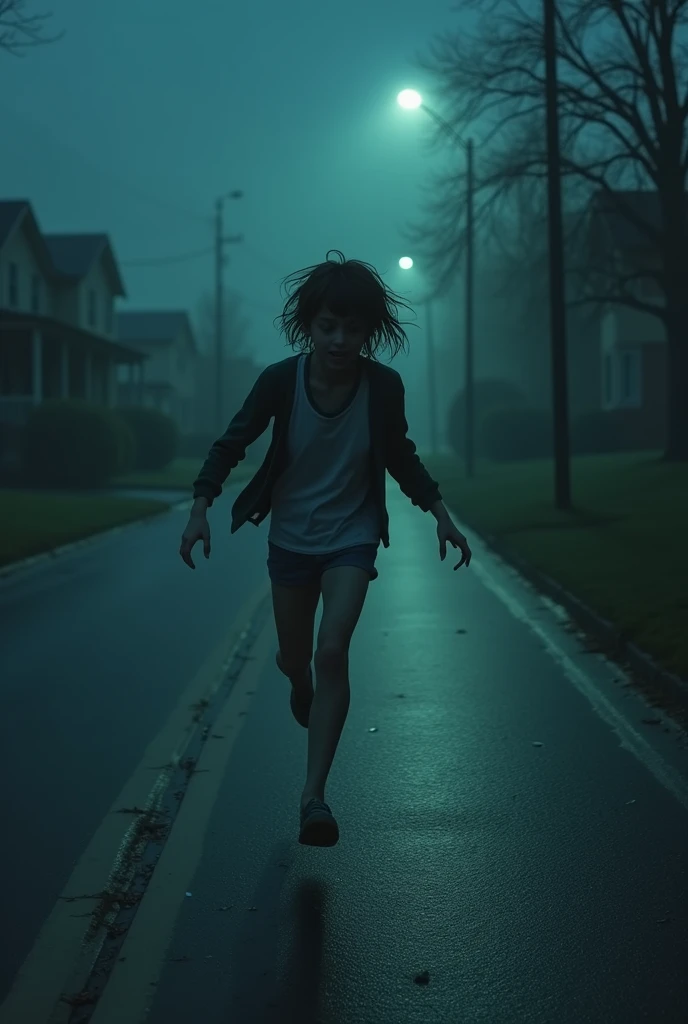 Draw a young teenager, Without beard, delgado, and white-skinned escaping from a subdivision at night