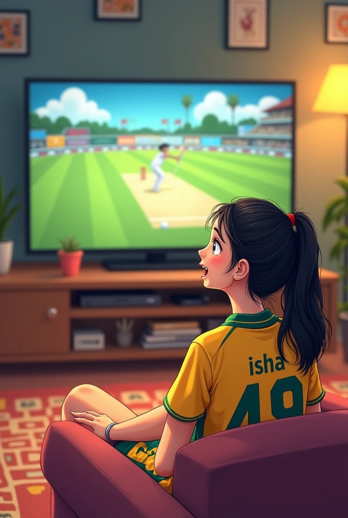 A ager girl watching Australian cricket match in the hall room and wearing Australian jersey with name "ISHA" and number "49" girl sits aside of sofa. like a cartoon  