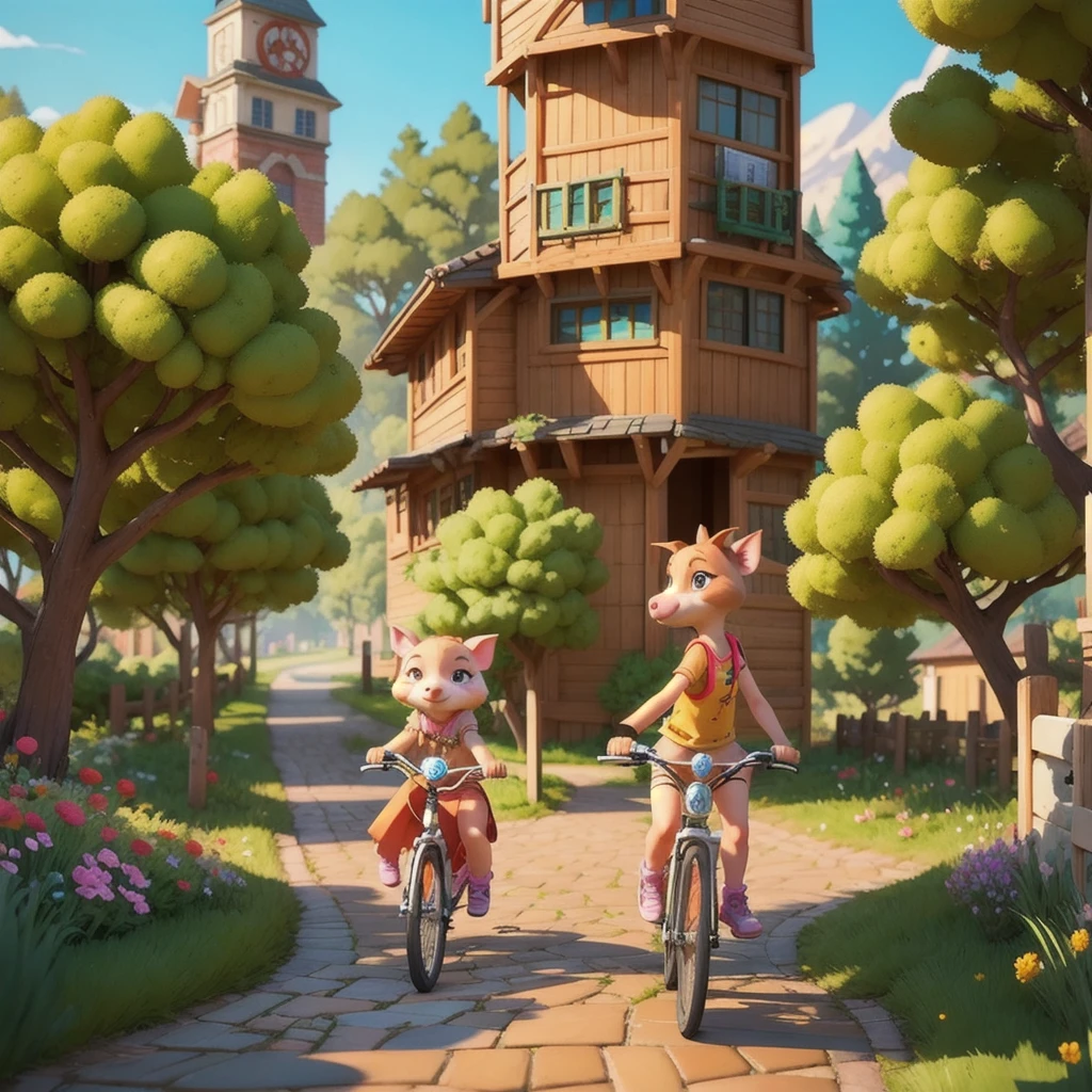 3 happy piglets riding bicycles on cobblestone road in village, game button art, Game illustration, lovely digital painting, artstation for kids art, Official artwork, key art, mobile game art, cover game art, zootopia concept art, art for the game, animated cartoon, GameCG, WLOP and Greg Rutkoski, offcial art, Cartoon concept art