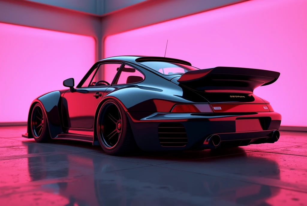 Capturing the sleek elegance of the black Porsche 993 Turbo Widebody kit designed by RWB against a futuristic pink backdrop - every detail meticulously showcased., poster, photo, 3d render, portrait photography